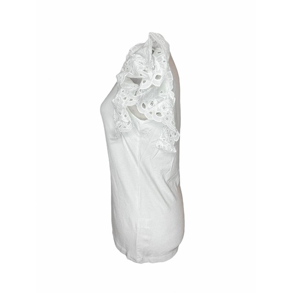 Patrizia Luca Womens Ruffle Sleeve White T-shirt Size S Tee Round Neck Eyelet - Picture 2 of 3